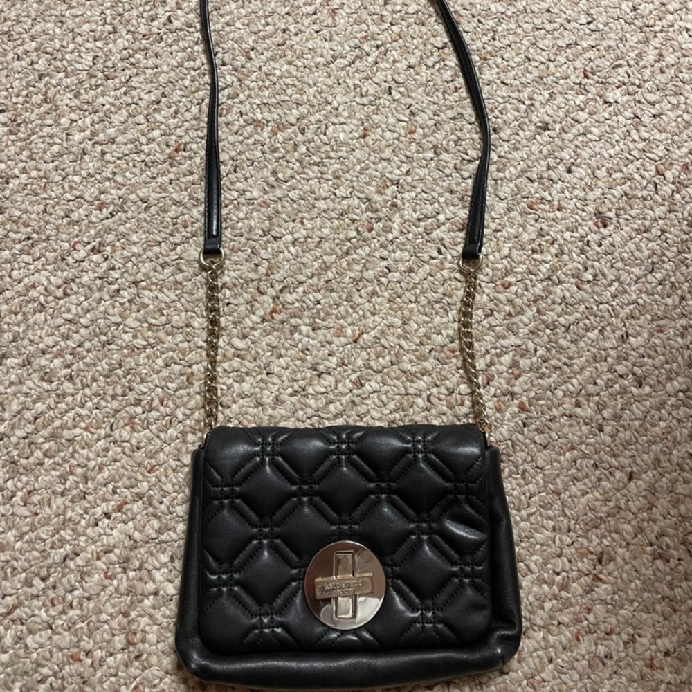 Black leather, long-strap Kate Spade crossbody purse